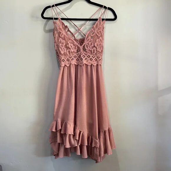 Free People Womens Adella Flowy lace Slip Dress Dusty Rose Pink Size ? Women's - Picture 4 of 14